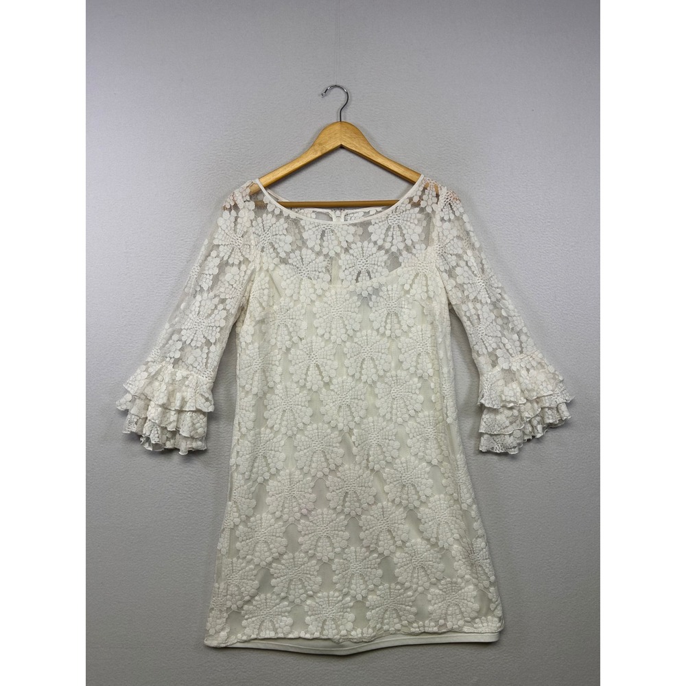 Romantic Jessica Howard Womens 10 Ivory White Floral Lace Ruffle Shift Dress